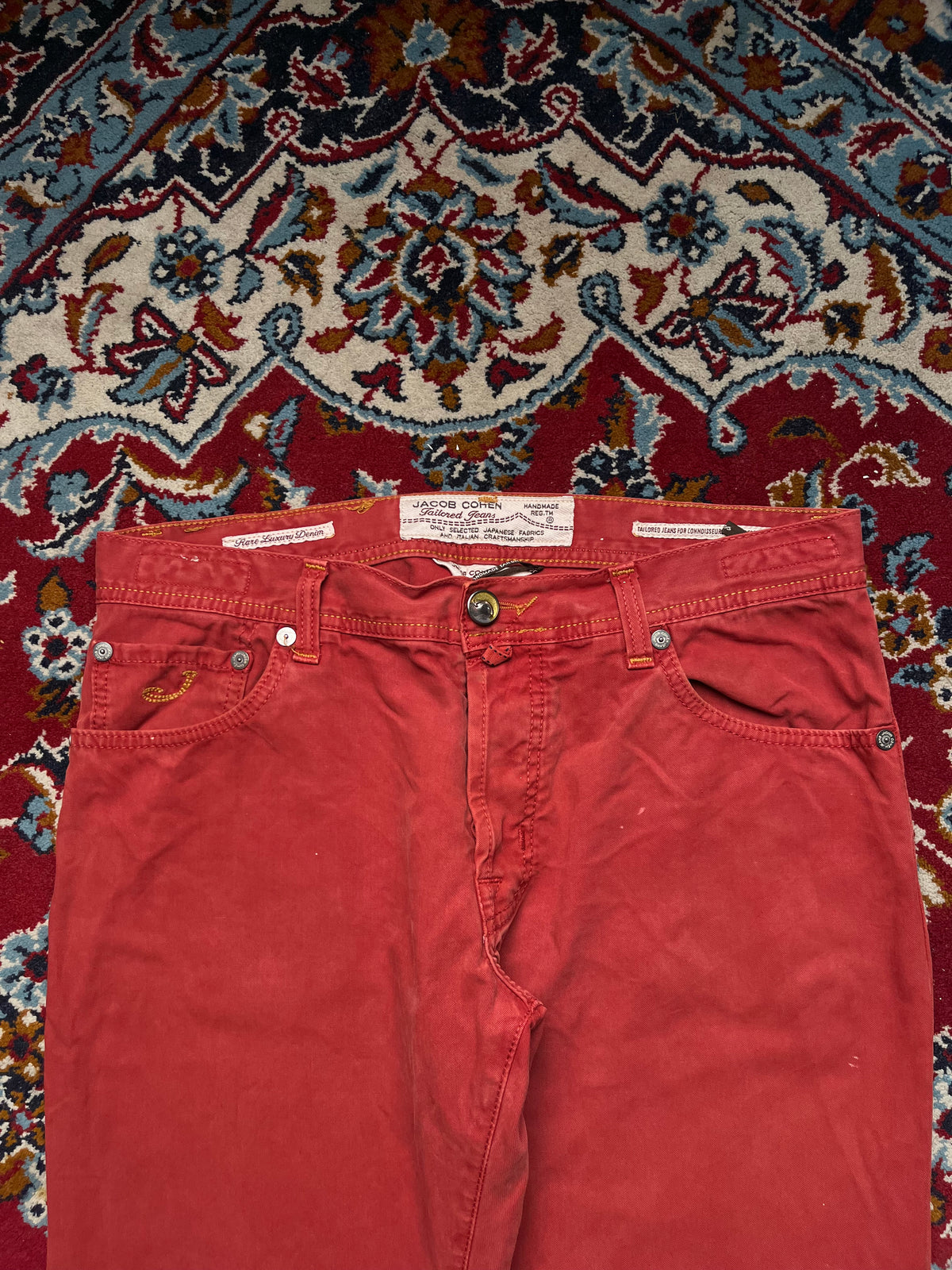 Jacob Cohen Rare Luxury Handmade Italian Salmon Red Straight Fit Jeans - 34