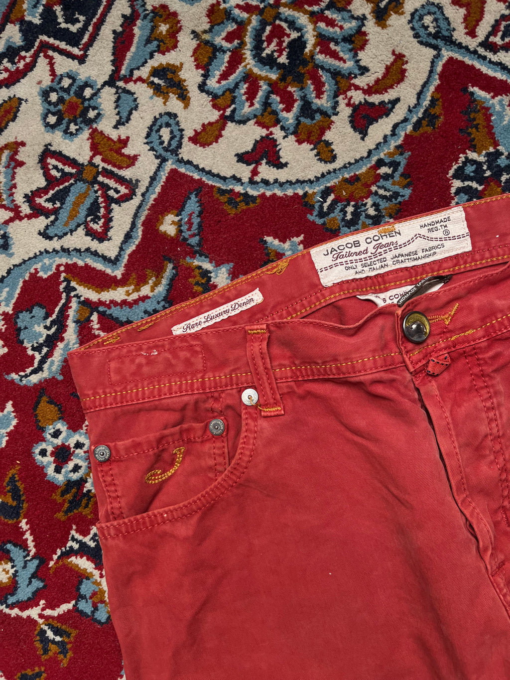 Jacob Cohen Rare Luxury Handmade Italian Salmon Red Straight Fit Jeans - 34
