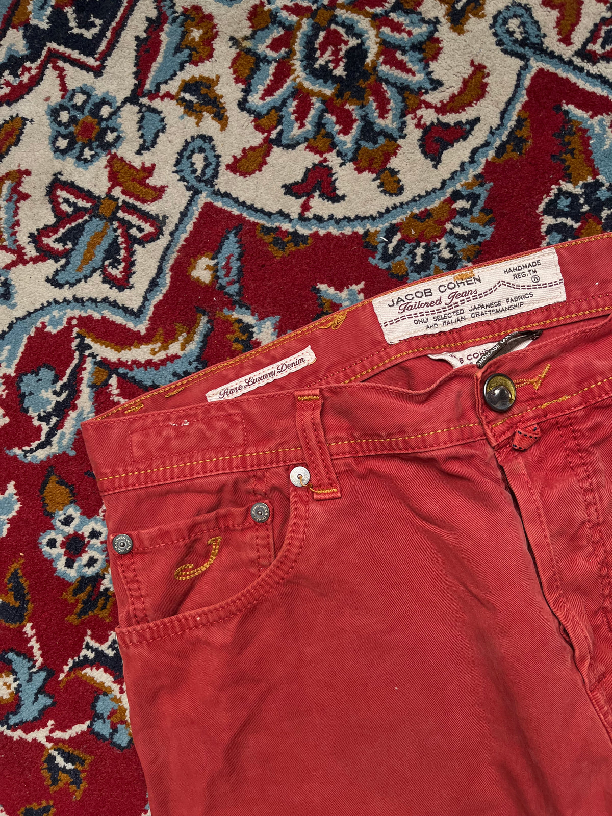 Jacob Cohen Rare Luxury Handmade Italian Salmon Red Straight Fit Jeans - 34