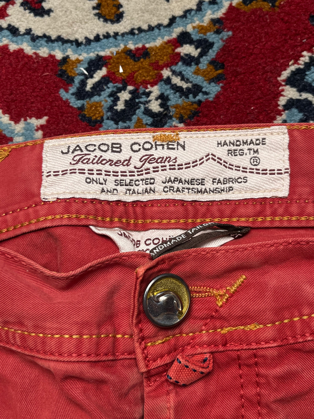 Jacob Cohen Rare Luxury Handmade Italian Salmon Red Straight Fit Jeans - 34