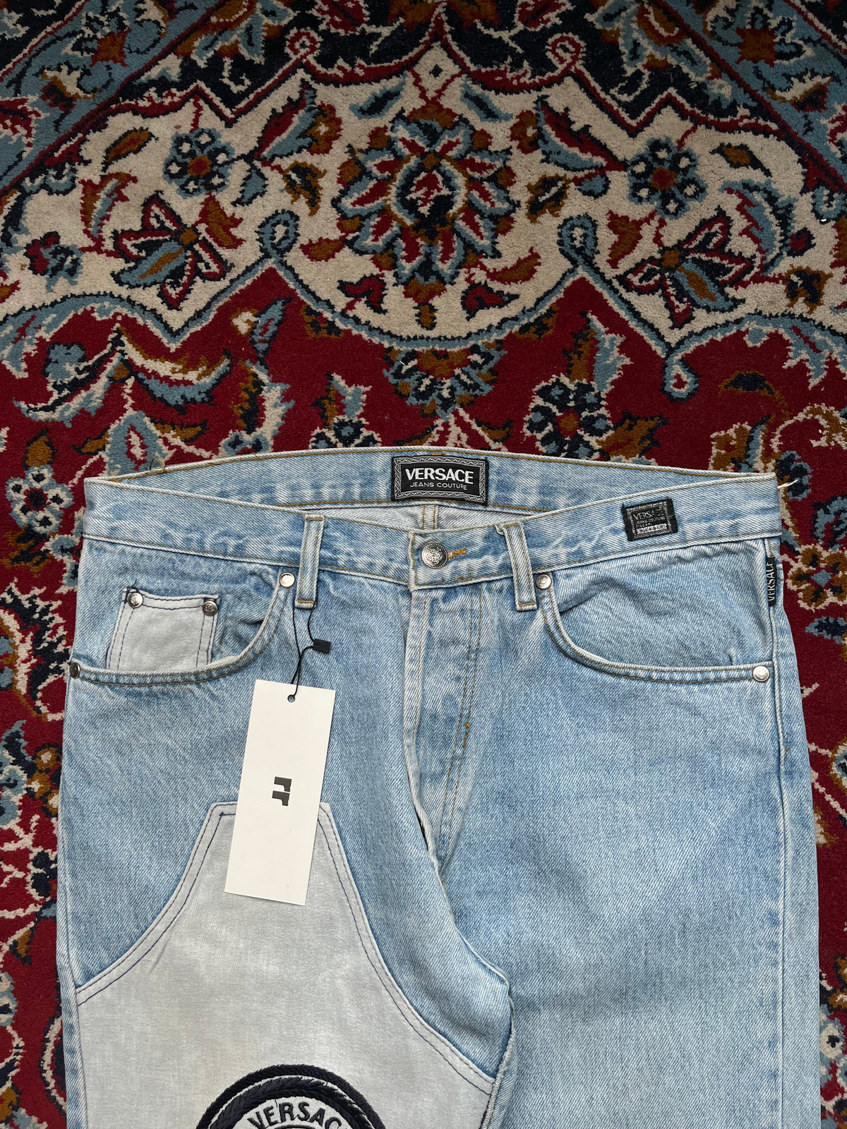 Vintage Versace Jeans Couture Patchwork Spellout Light Washed Jeans - 32