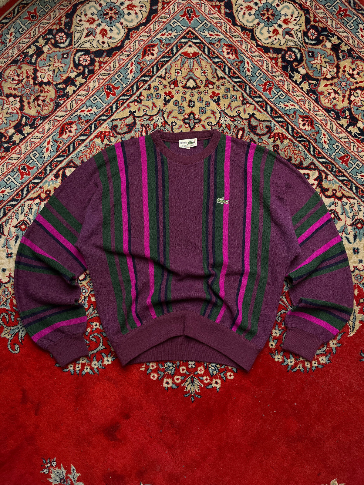 Vintage Chemise Lacoste Wool Striped Crewneck Purple Knit Sweater- M