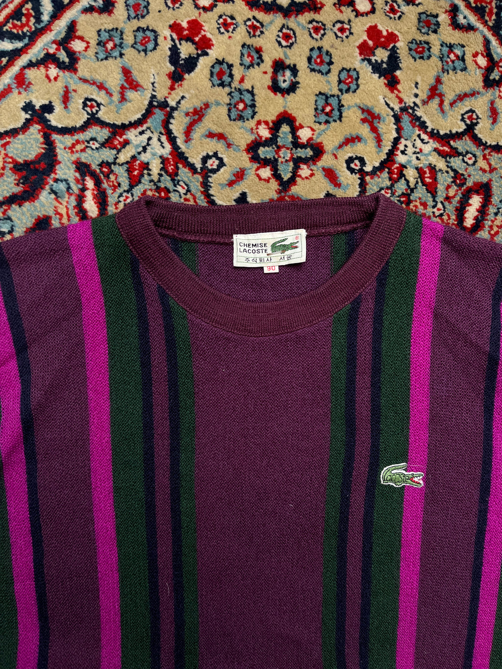 Vintage Chemise Lacoste Wool Striped Crewneck Purple Knit Sweater- M