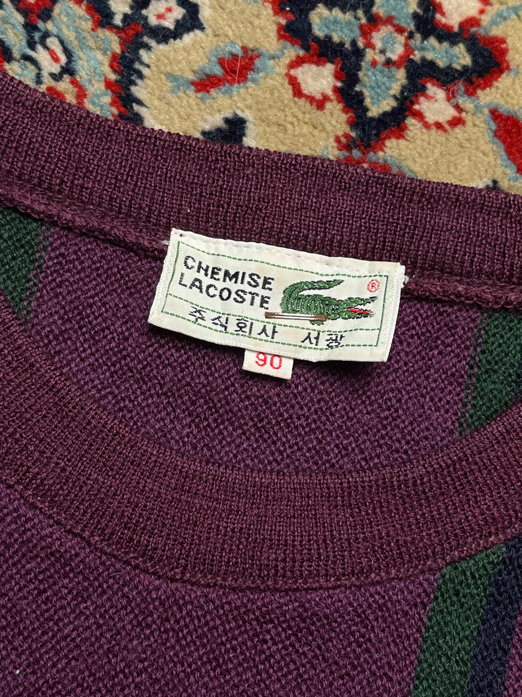 Vintage Chemise Lacoste Wool Striped Crewneck Purple Knit Sweater- M