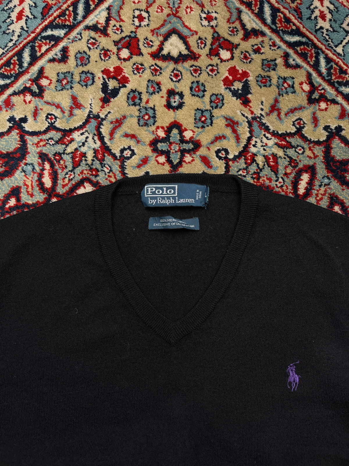 Polo Ralph Lauren Black Wool V-Neck Knit Pullover Sweater - M