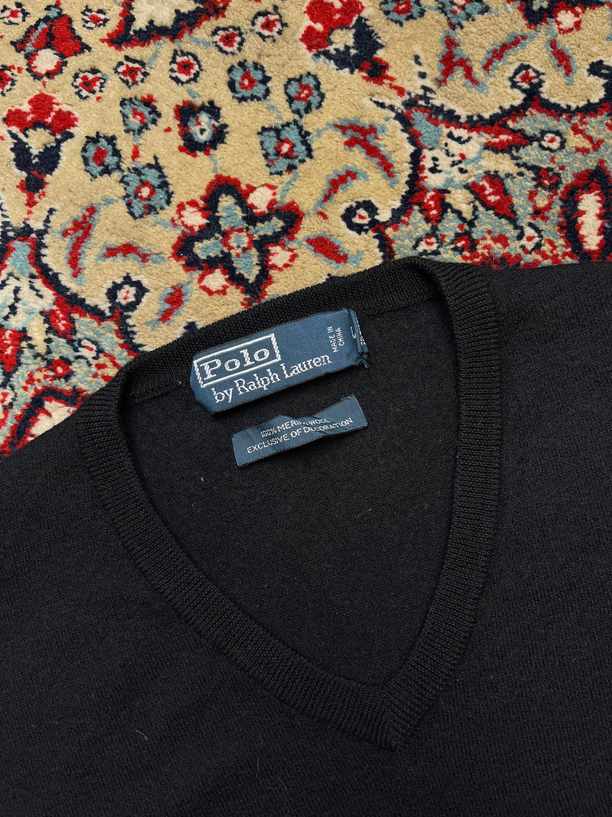 Polo Ralph Lauren Black Wool V-Neck Knit Pullover Sweater - M