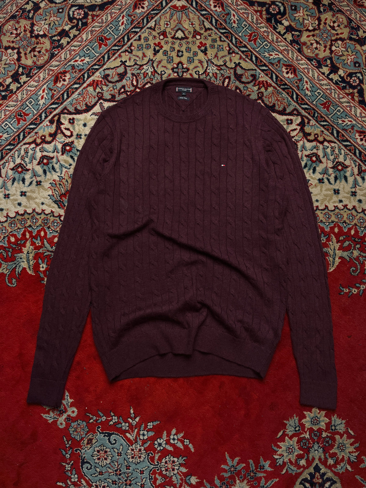 Tommy Hilfiger Burgundy Wool Cable Knit Crewneck Sweater - XL