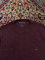 Tommy Hilfiger Burgundy Wool Cable Knit Crewneck Sweater - XL