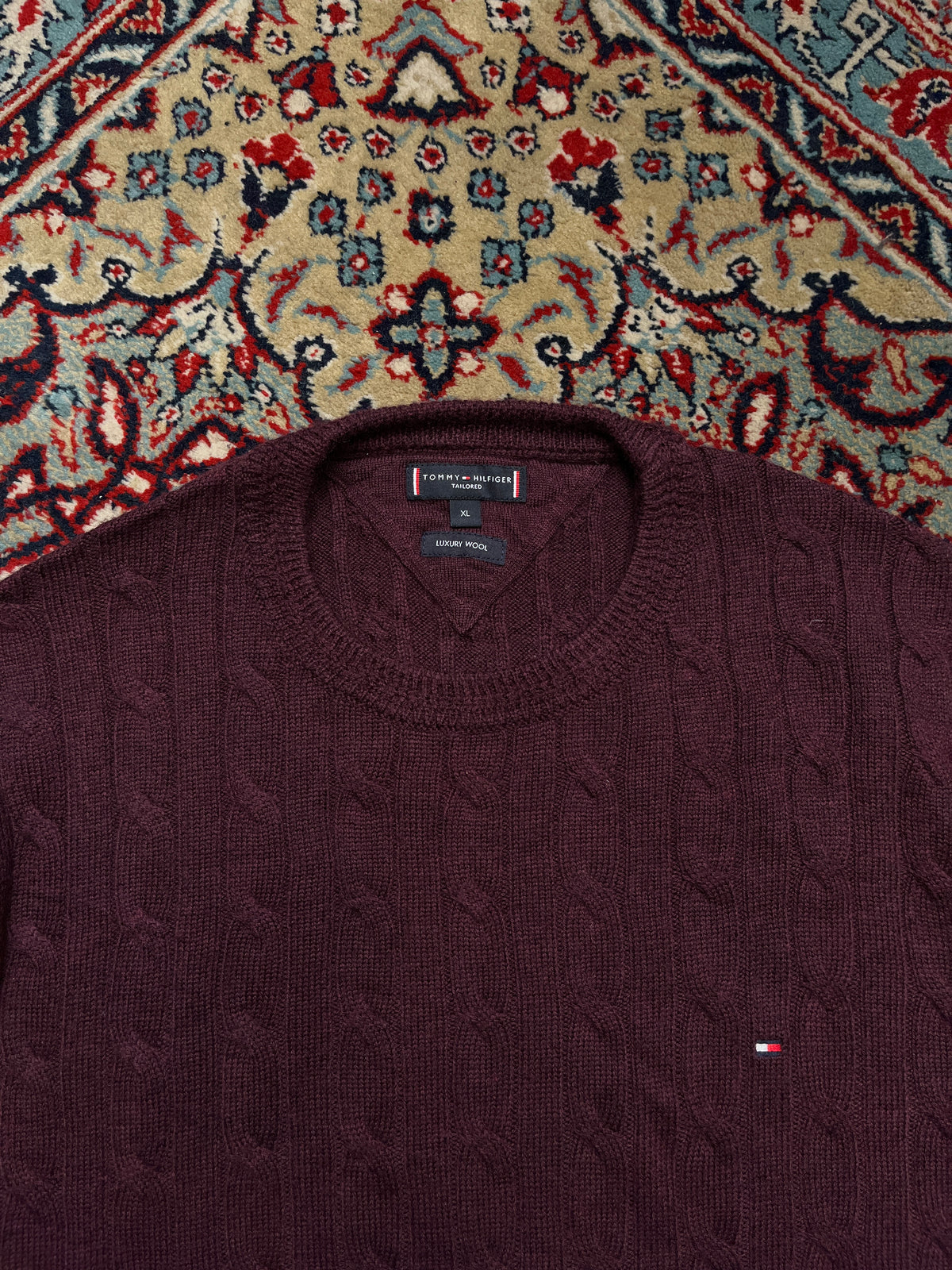 Tommy Hilfiger Burgundy Wool Cable Knit Crewneck Sweater - XL
