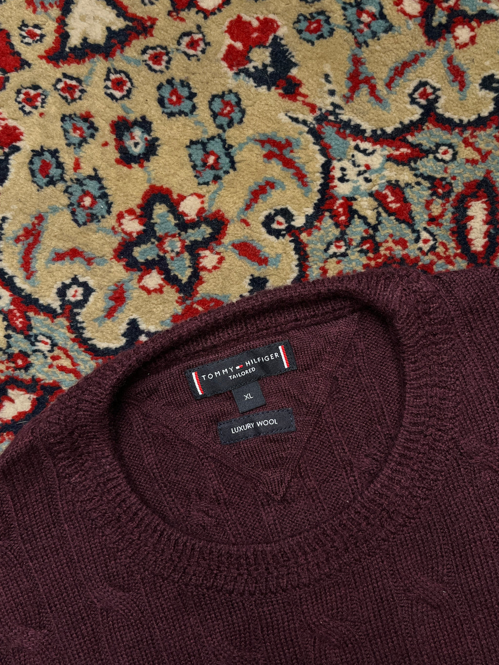 Tommy Hilfiger Burgundy Wool Cable Knit Crewneck Sweater - XL