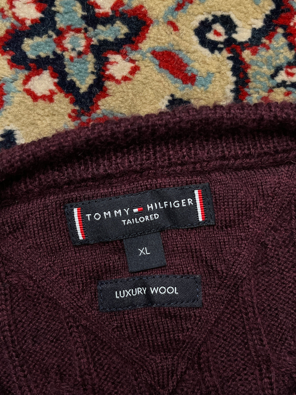 Tommy Hilfiger Burgundy Wool Cable Knit Crewneck Sweater - XL