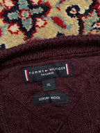 Tommy Hilfiger Burgundy Wool Cable Knit Crewneck Sweater - XL