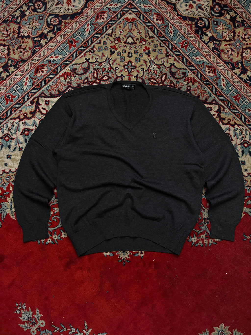 Vintage Yves Saint Laurent YSL Wool Charcoal Grey V-Neck Knit Pullover Sweater - M