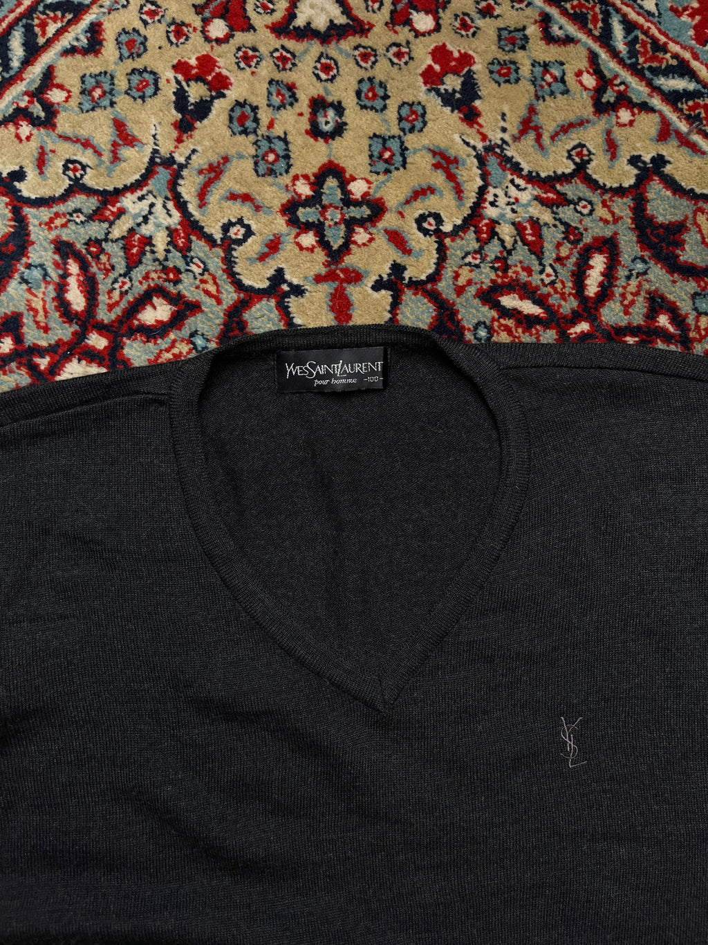 Vintage Yves Saint Laurent YSL Wool Charcoal Grey V-Neck Knit Pullover Sweater - M
