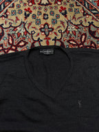 Vintage Yves Saint Laurent YSL Wool Charcoal Grey V-Neck Knit Pullover Sweater - M