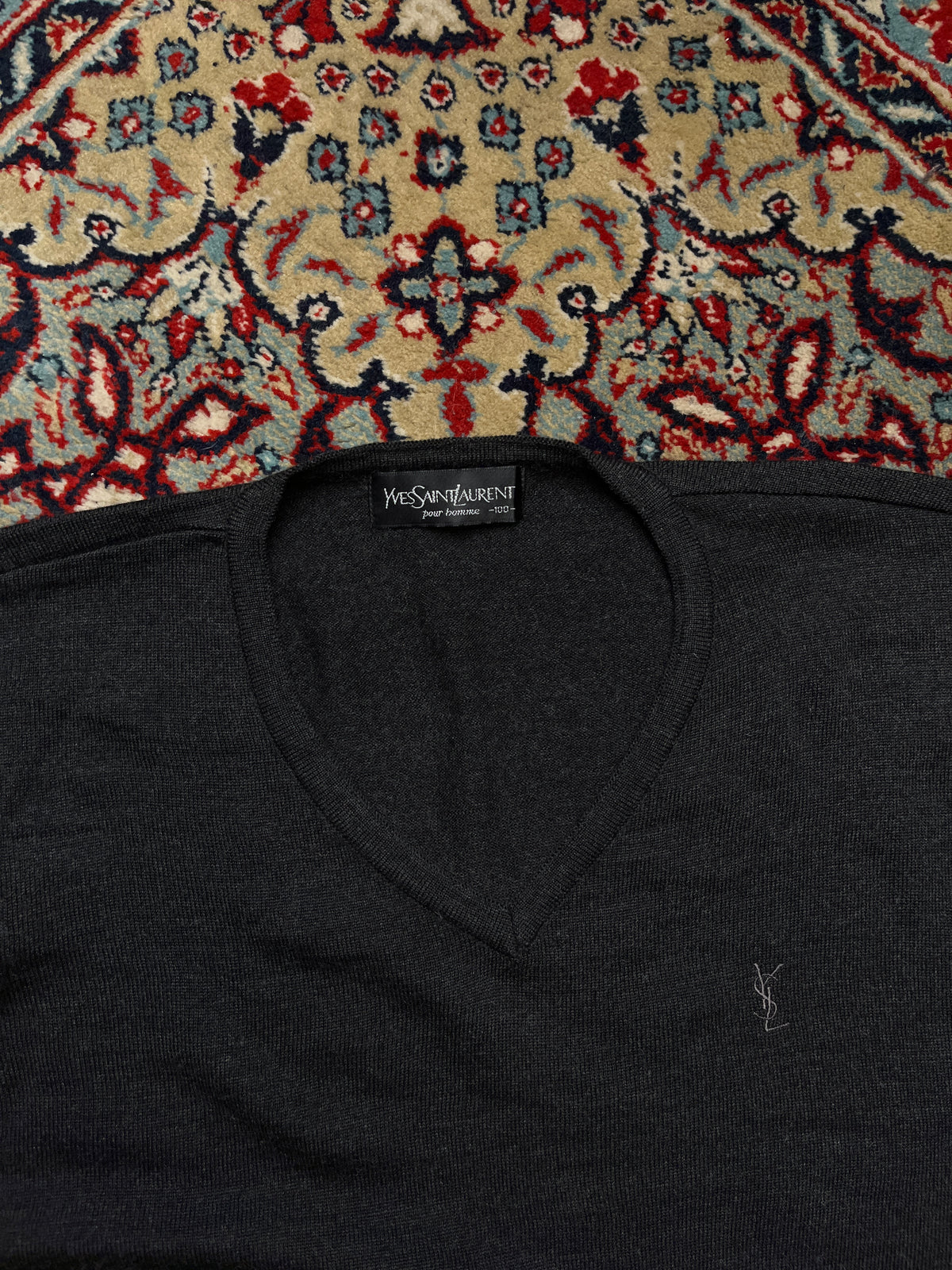 Vintage Yves Saint Laurent YSL Wool Charcoal Grey V-Neck Knit Pullover Sweater - M