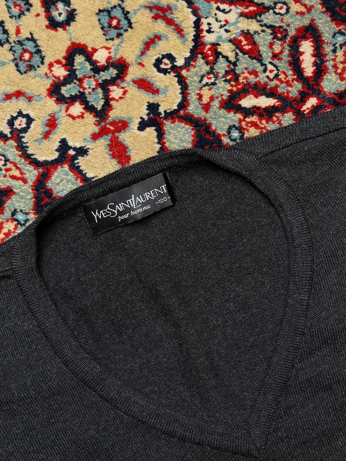 Vintage Yves Saint Laurent YSL Wool Charcoal Grey V-Neck Knit Pullover Sweater - M