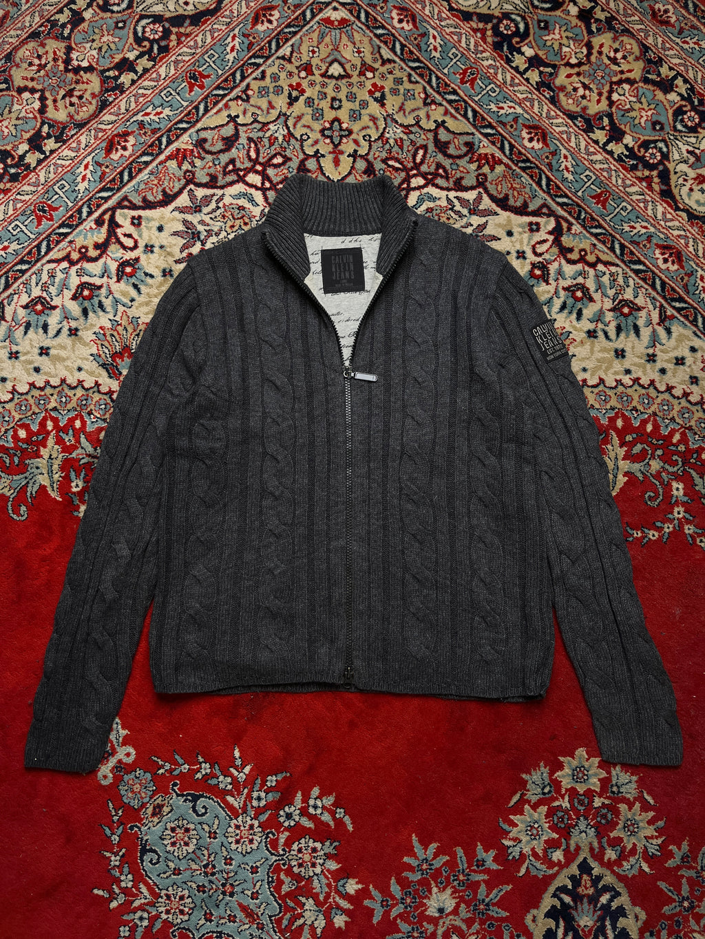 Calvin Klein Jeans Charcoal Wool Zip Cable Knit Sweater - L