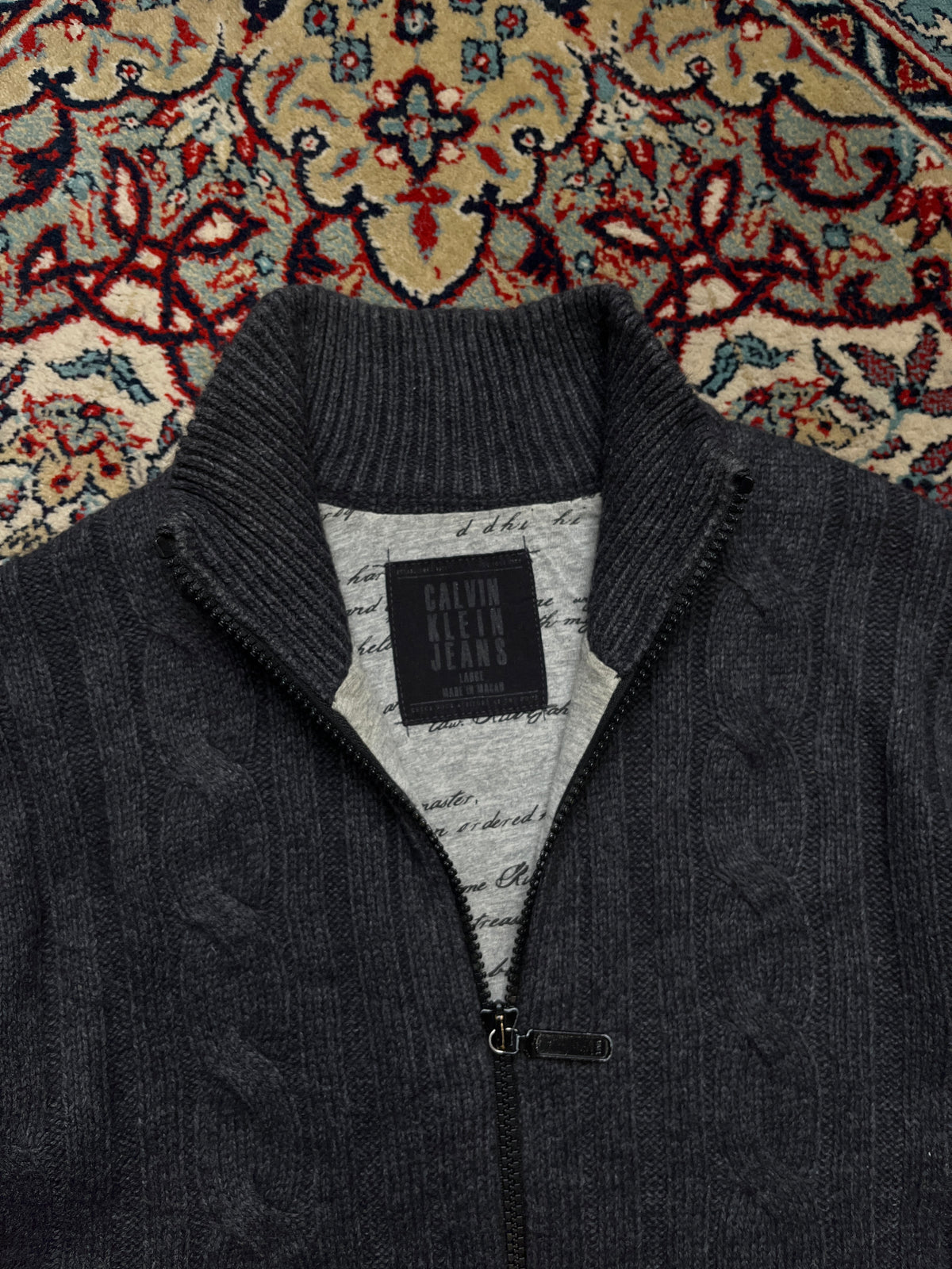 Calvin Klein Jeans Charcoal Wool Zip Cable Knit Sweater - L