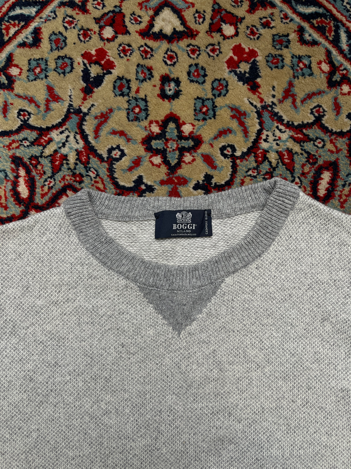 Boggi Milano Wool Grey Crewneck V-Stitch Knit Sweatshirt  - M