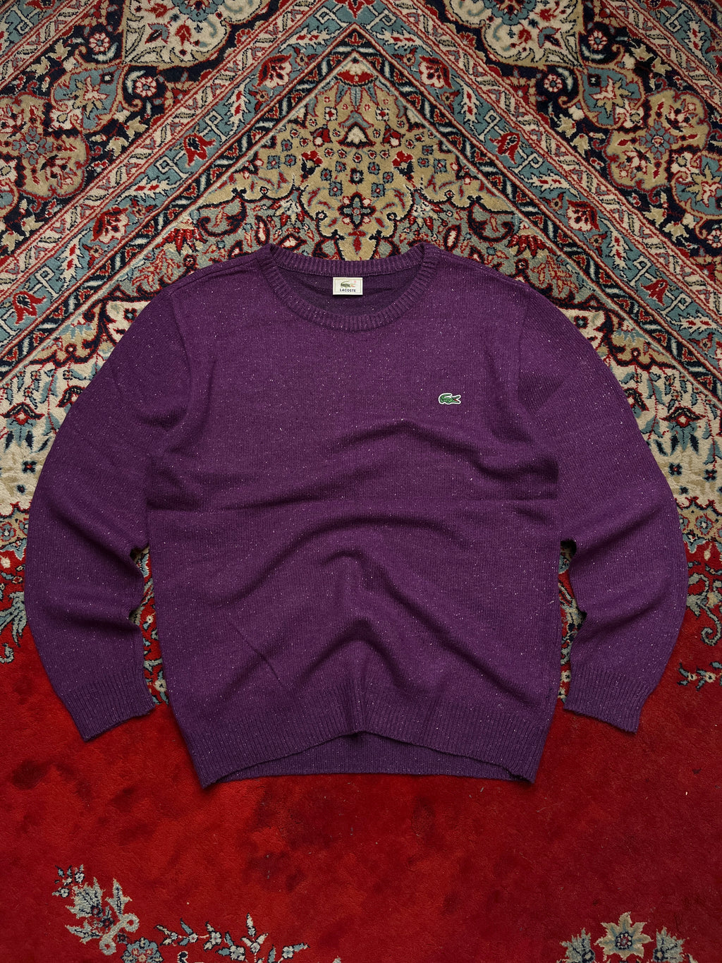 Lacoste Pure Wool Purple Flecked Knit Crewneck Pullover Sweater - L