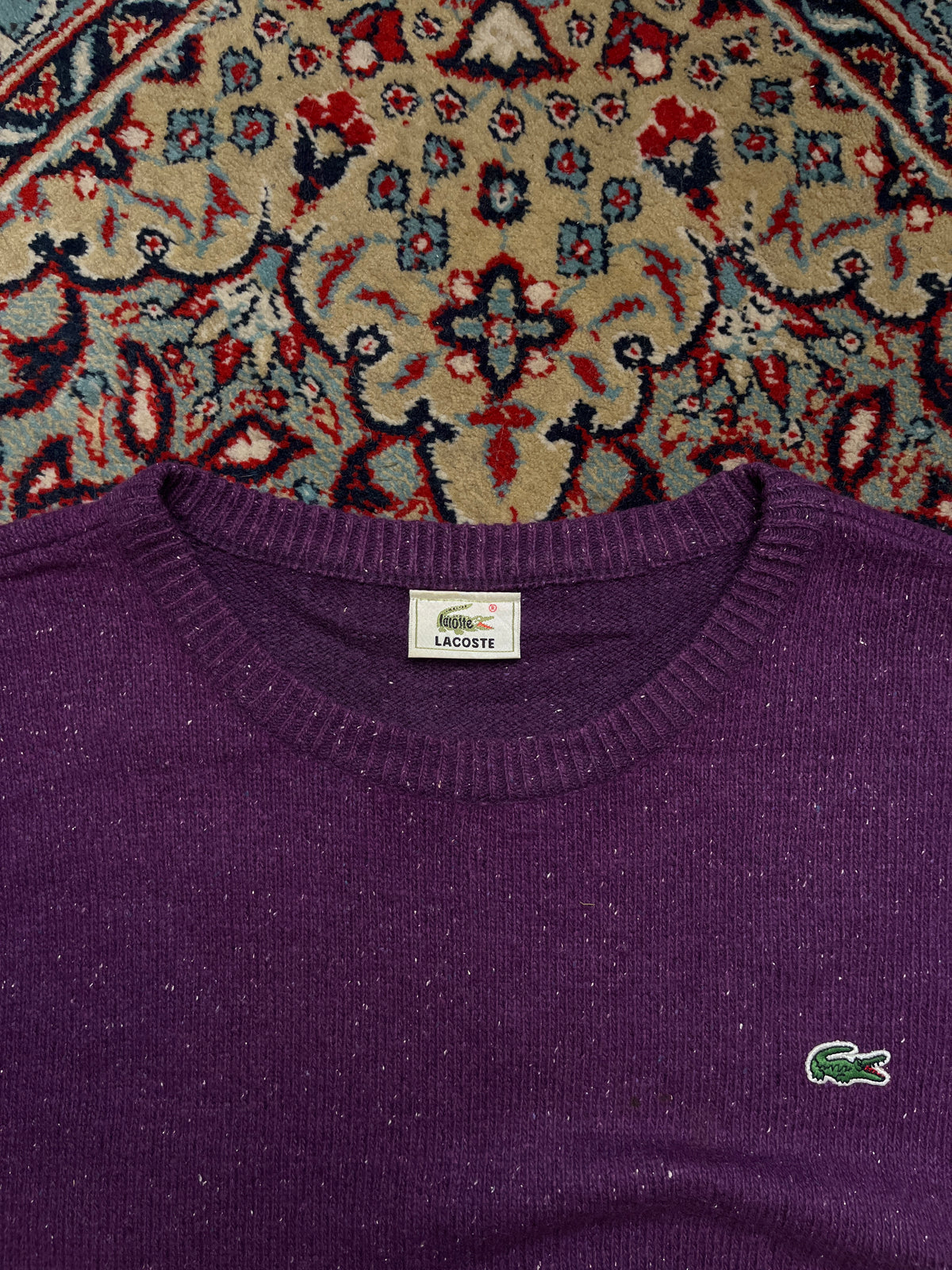 Lacoste Pure Wool Purple Flecked Knit Crewneck Pullover Sweater - L