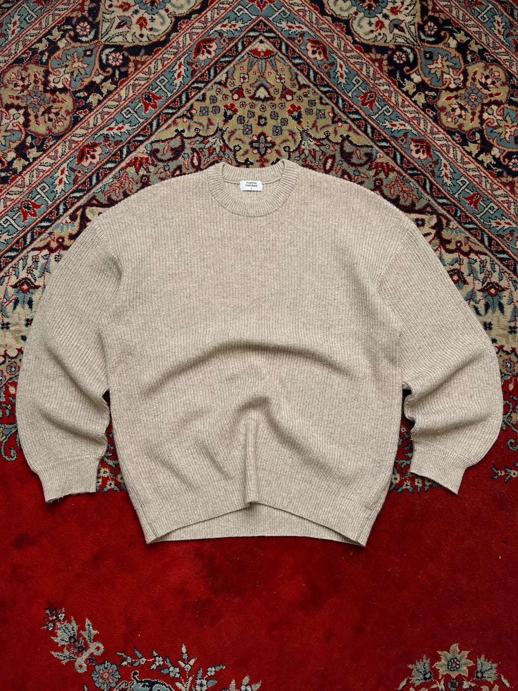Musinsa Standard Relaxed Fit Oatmeal Ribbed Knit Crewneck Sweater - S