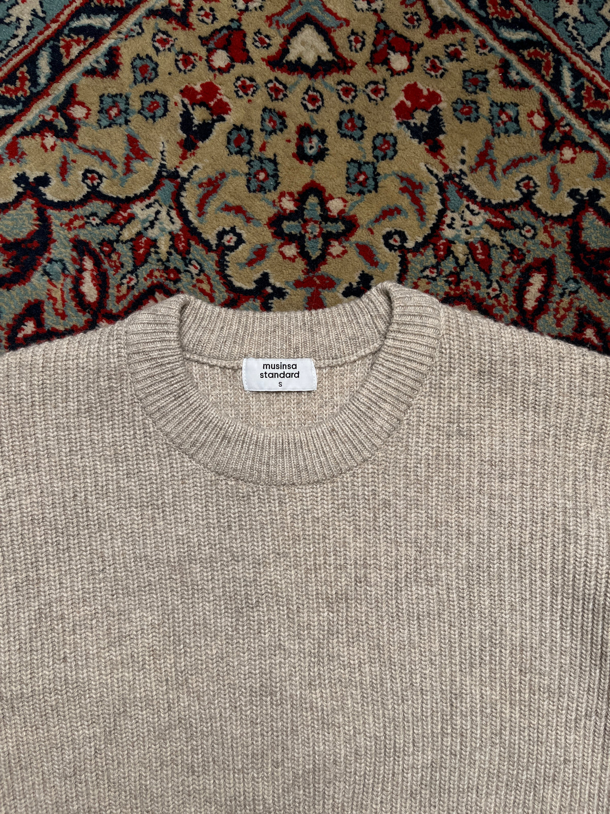 Musinsa Standard Relaxed Fit Oatmeal Ribbed Knit Crewneck Sweater - S