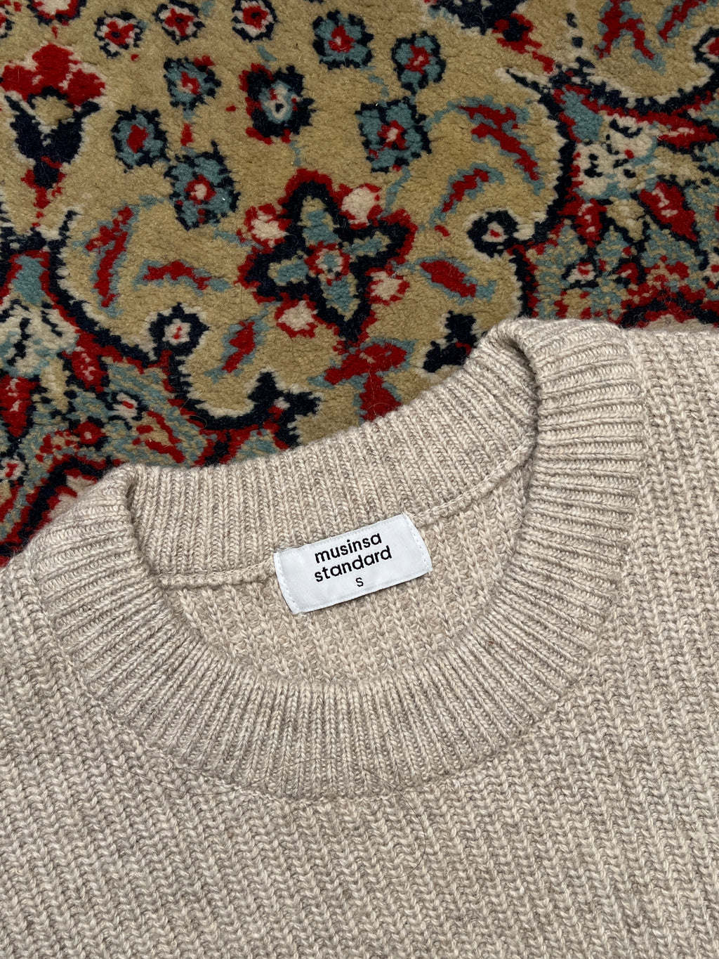 Musinsa Standard Relaxed Fit Oatmeal Ribbed Knit Crewneck Sweater - S