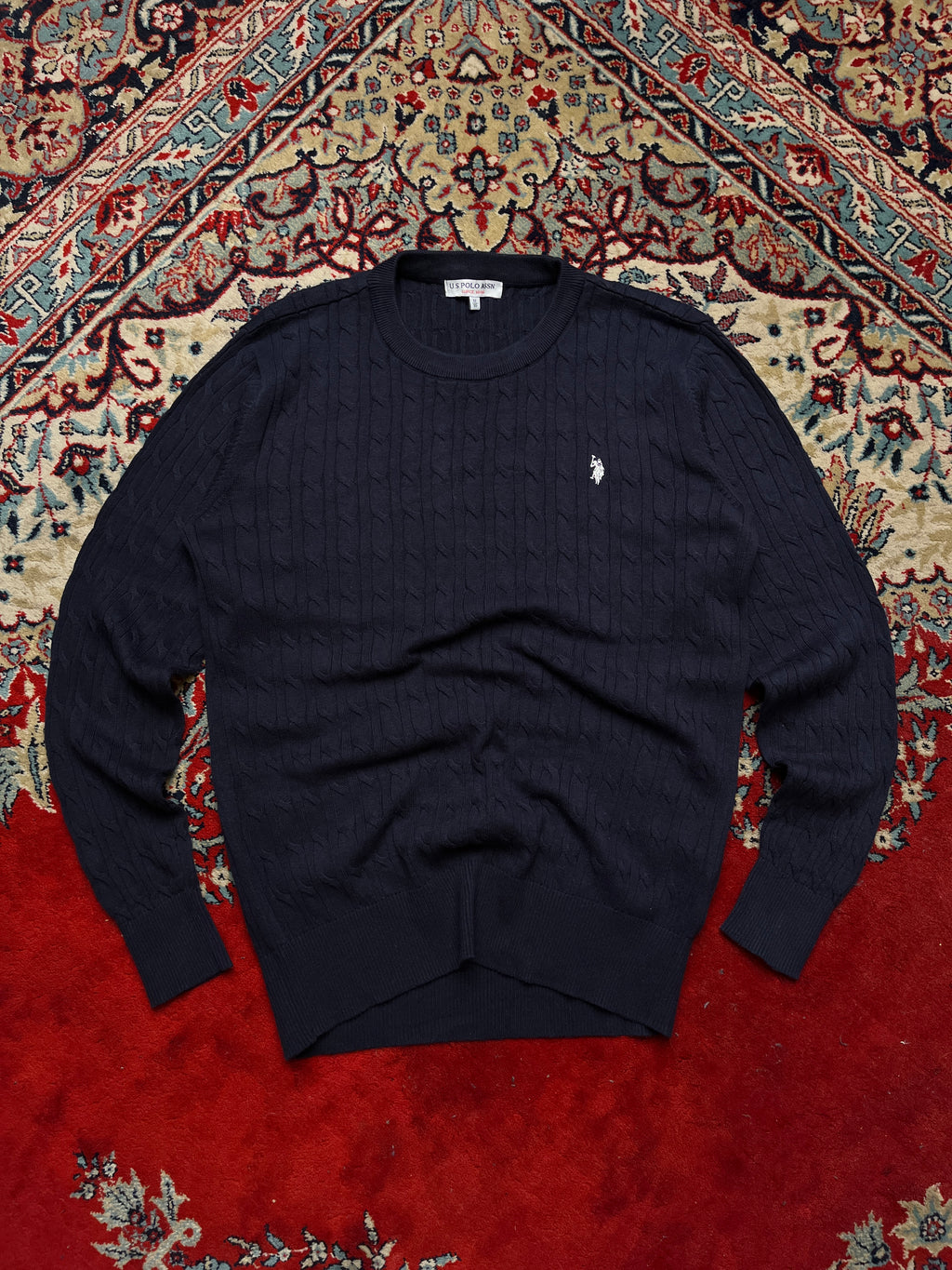 U.S. Polo Assn  Navy Blue Cotton Cable Knit Crewneck Sweater - M