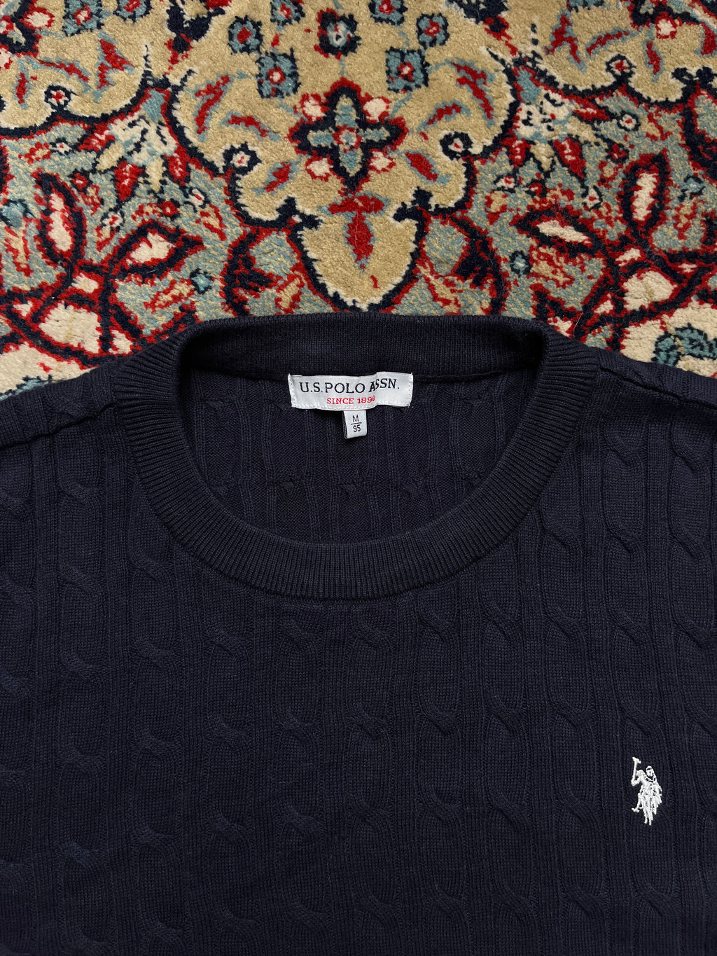 U.S. Polo Assn  Navy Blue Cotton Cable Knit Crewneck Sweater - M
