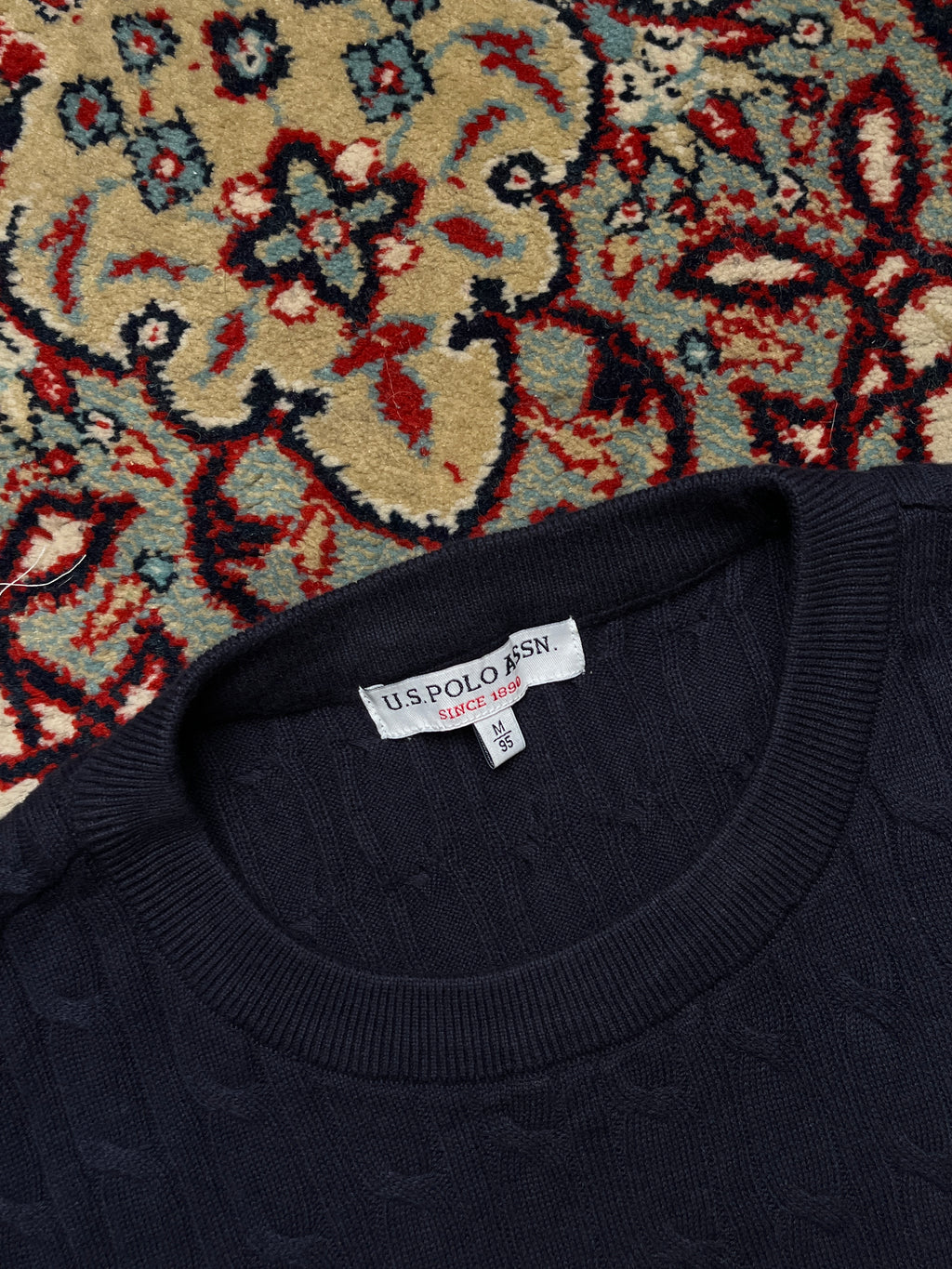 U.S. Polo Assn  Navy Blue Cotton Cable Knit Crewneck Sweater - M
