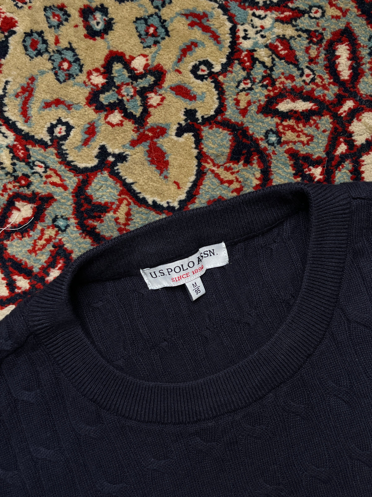 U.S. Polo Assn  Navy Blue Cotton Cable Knit Crewneck Sweater - M