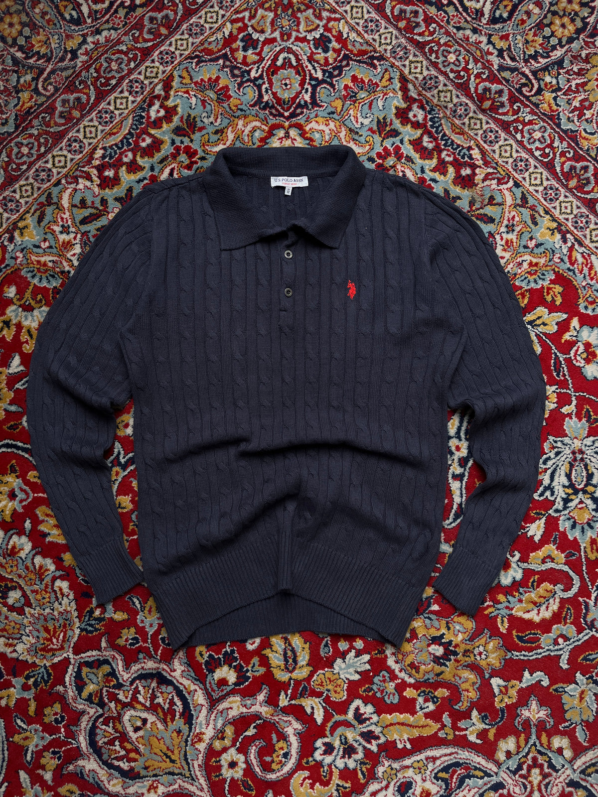 U.S. Polo Assn Navy Blue Cotton Cable Knit Polo Sweater - L