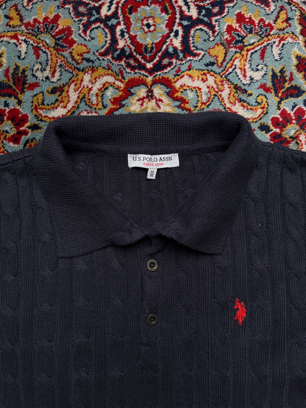 U.S. Polo Assn Navy Blue Cotton Cable Knit Polo Sweater - L