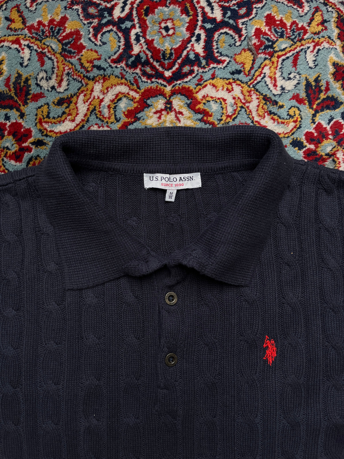U.S. Polo Assn Navy Blue Cotton Cable Knit Polo Sweater - L