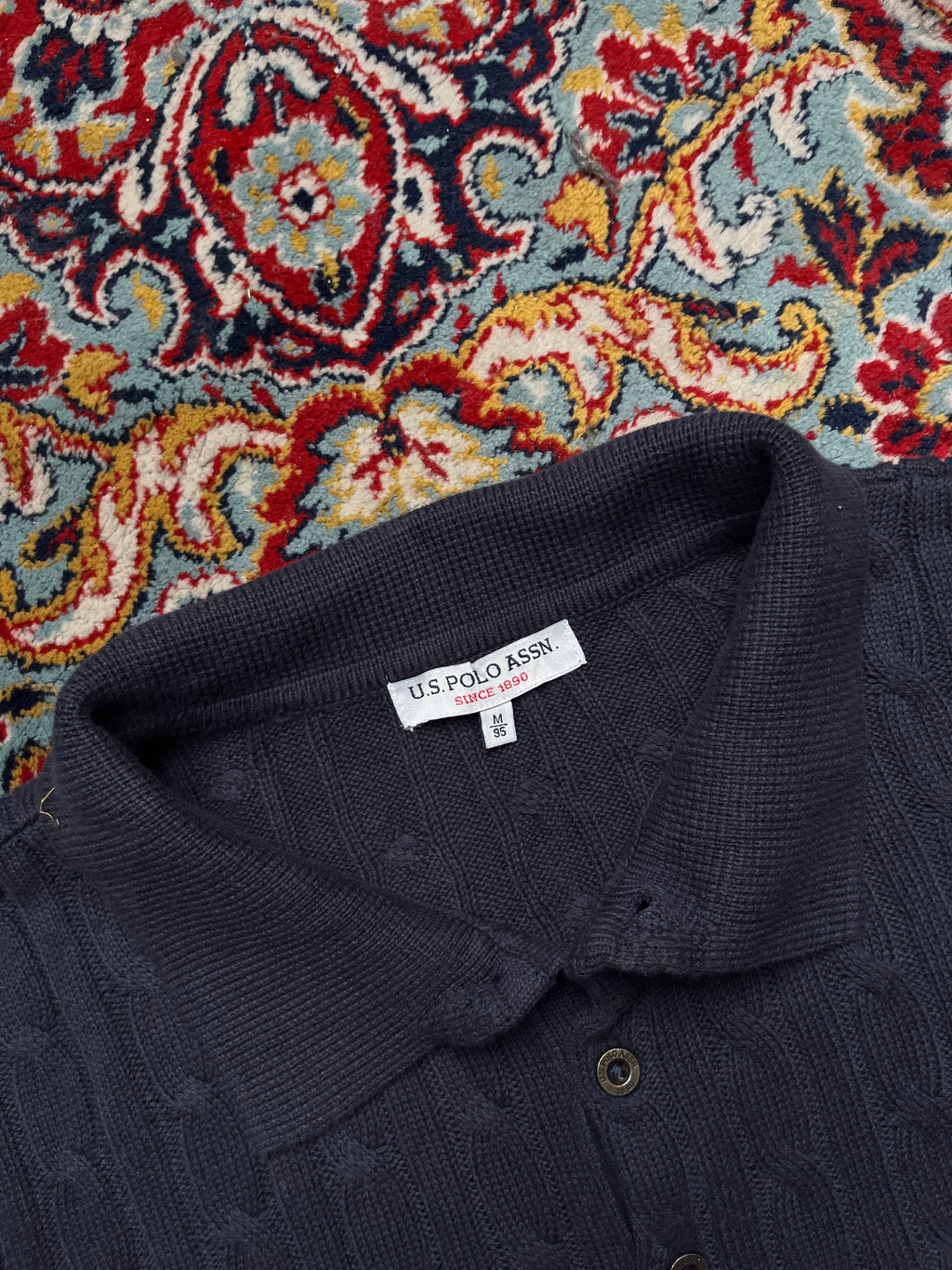 U.S. Polo Assn Navy Blue Cotton Cable Knit Polo Sweater - L