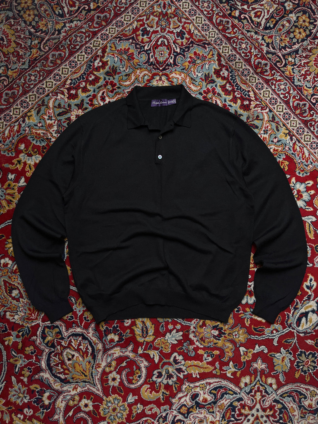 POLO  Ralph Lauren Purple Label Black Wool Silk Knit Polo Sweater - L