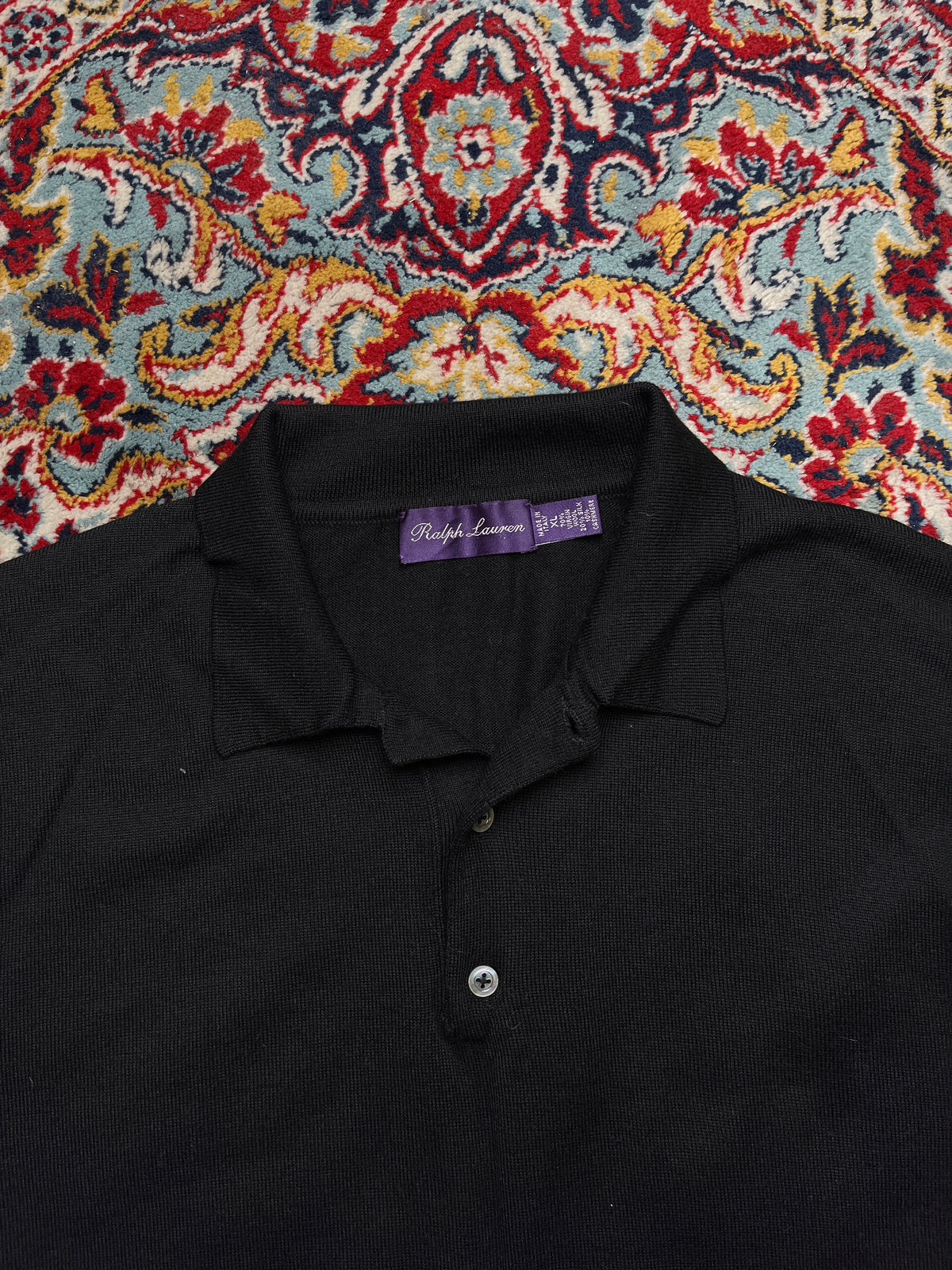 POLO  Ralph Lauren Purple Label Black Wool Silk Knit Polo Sweater - L