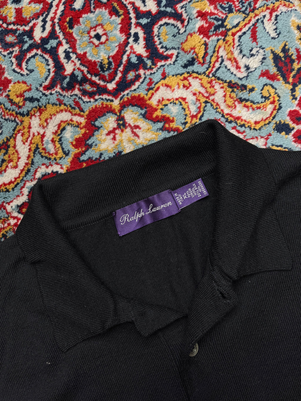 POLO  Ralph Lauren Purple Label Black Wool Silk Knit Polo Sweater - L