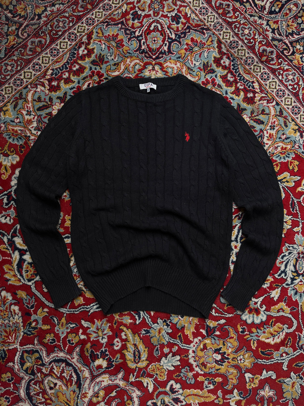 USPA U.S. Polo Assn Black Cotton Cable Knit Crewneck Sweater  - M