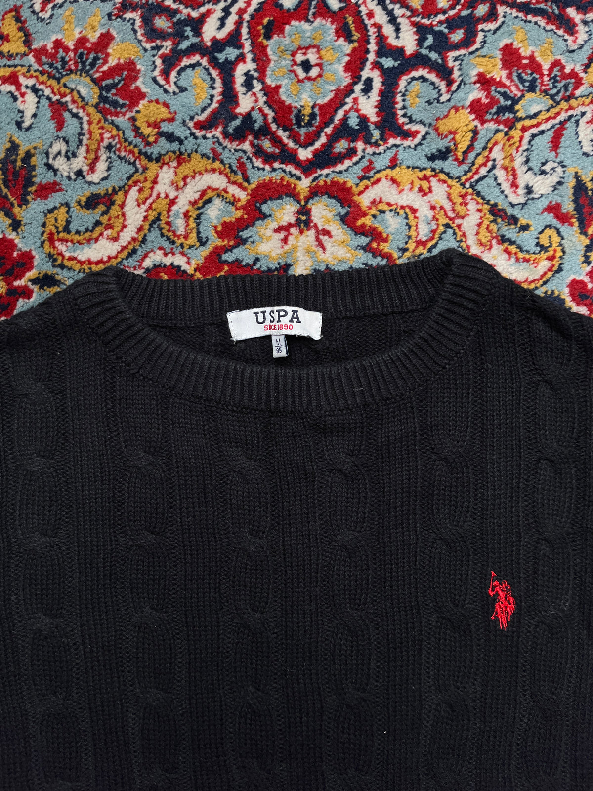 USPA U.S. Polo Assn Black Cotton Cable Knit Crewneck Sweater  - M