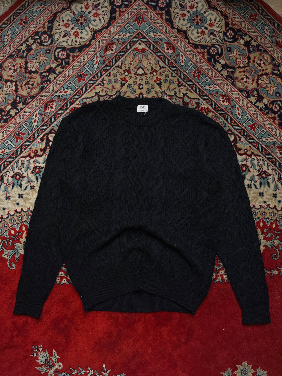 Wissy Lambswool Black Chunky Cable Knit Crewneck Sweater - L