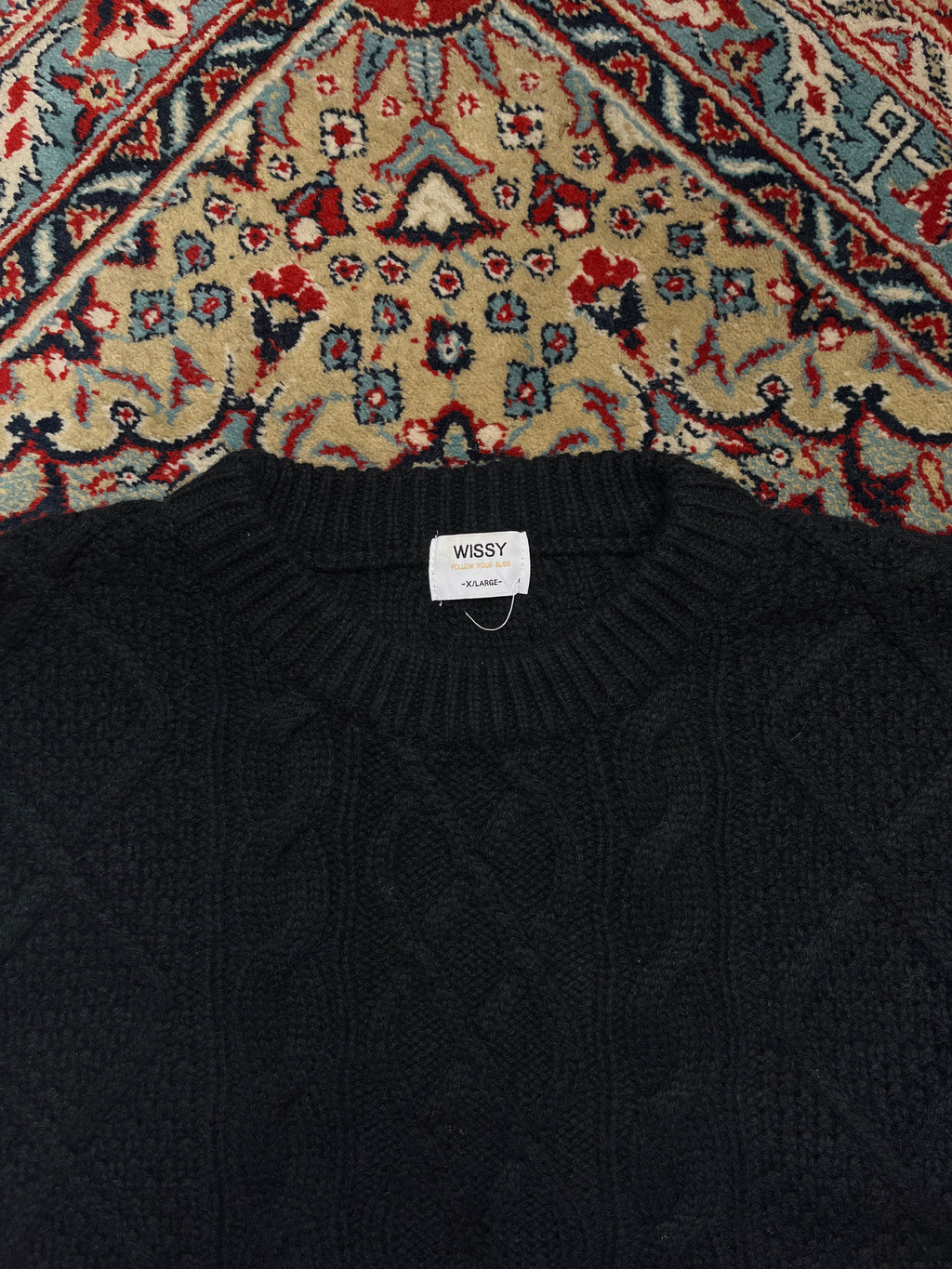 Wissy Lambswool Black Chunky Cable Knit Crewneck Sweater - L