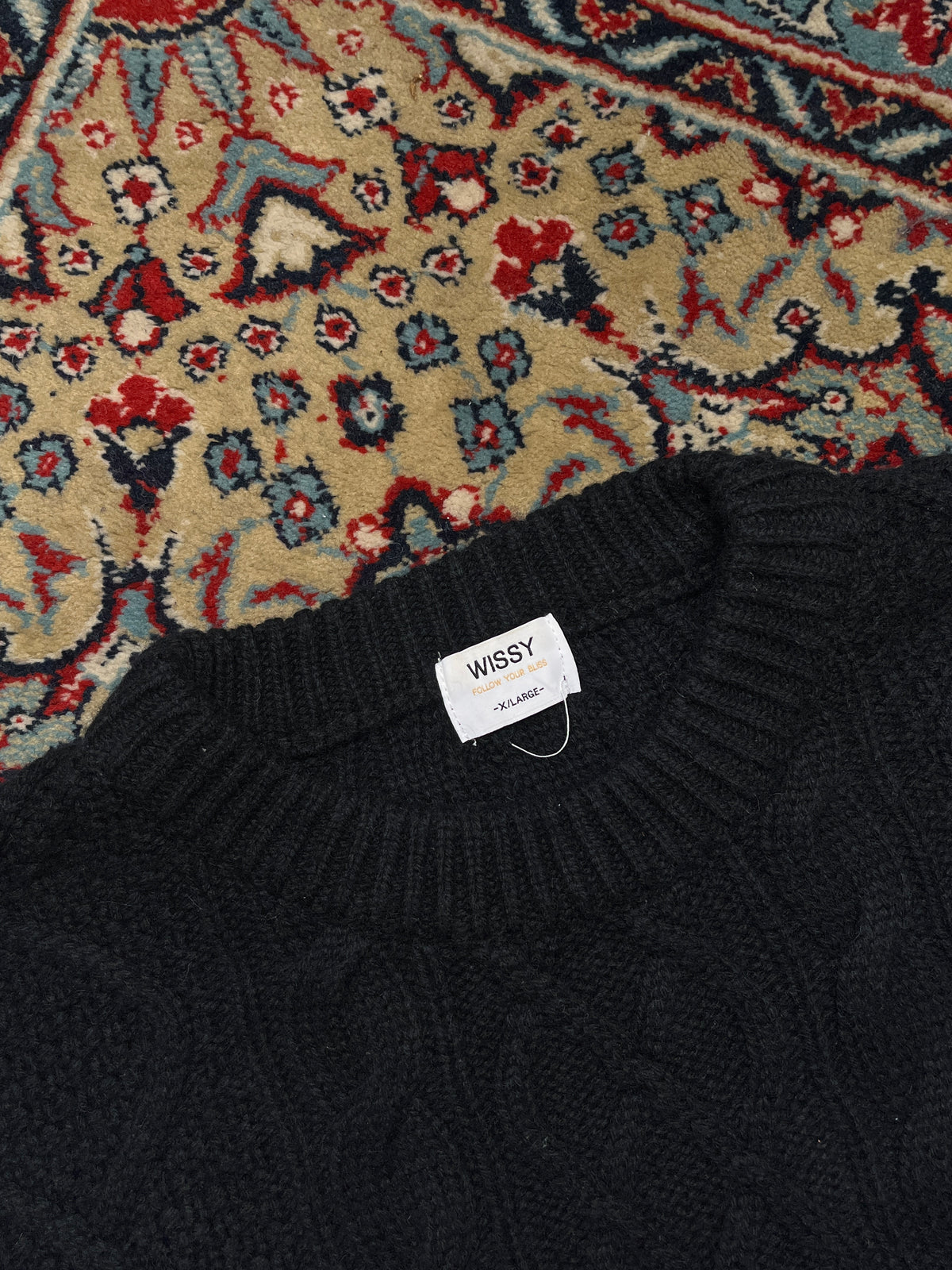 Wissy Lambswool Black Chunky Cable Knit Crewneck Sweater - L