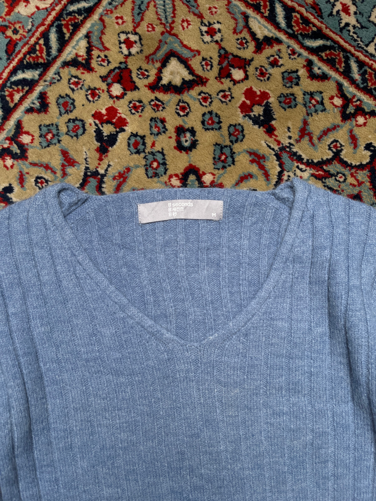 8 Seconds Light Blue Ribbed Knit Soft fitted V-Neck Sweater - S