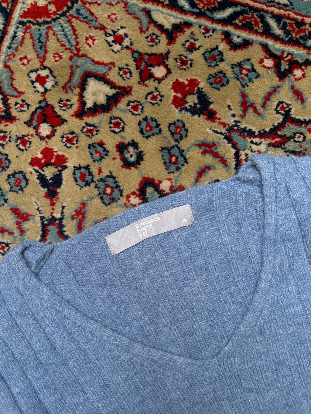 8 Seconds Light Blue Ribbed Knit Soft fitted V-Neck Sweater - S