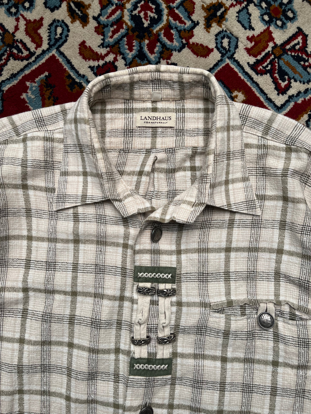 Vintage Landhaus C&A Trachten Plaid Bavarian Oktoberfest Metal Button Down Shirt - L