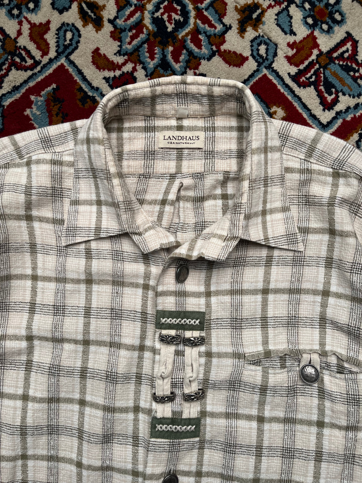 Vintage Landhaus C&A Trachten Plaid Bavarian Oktoberfest Metal Button Down Shirt - L