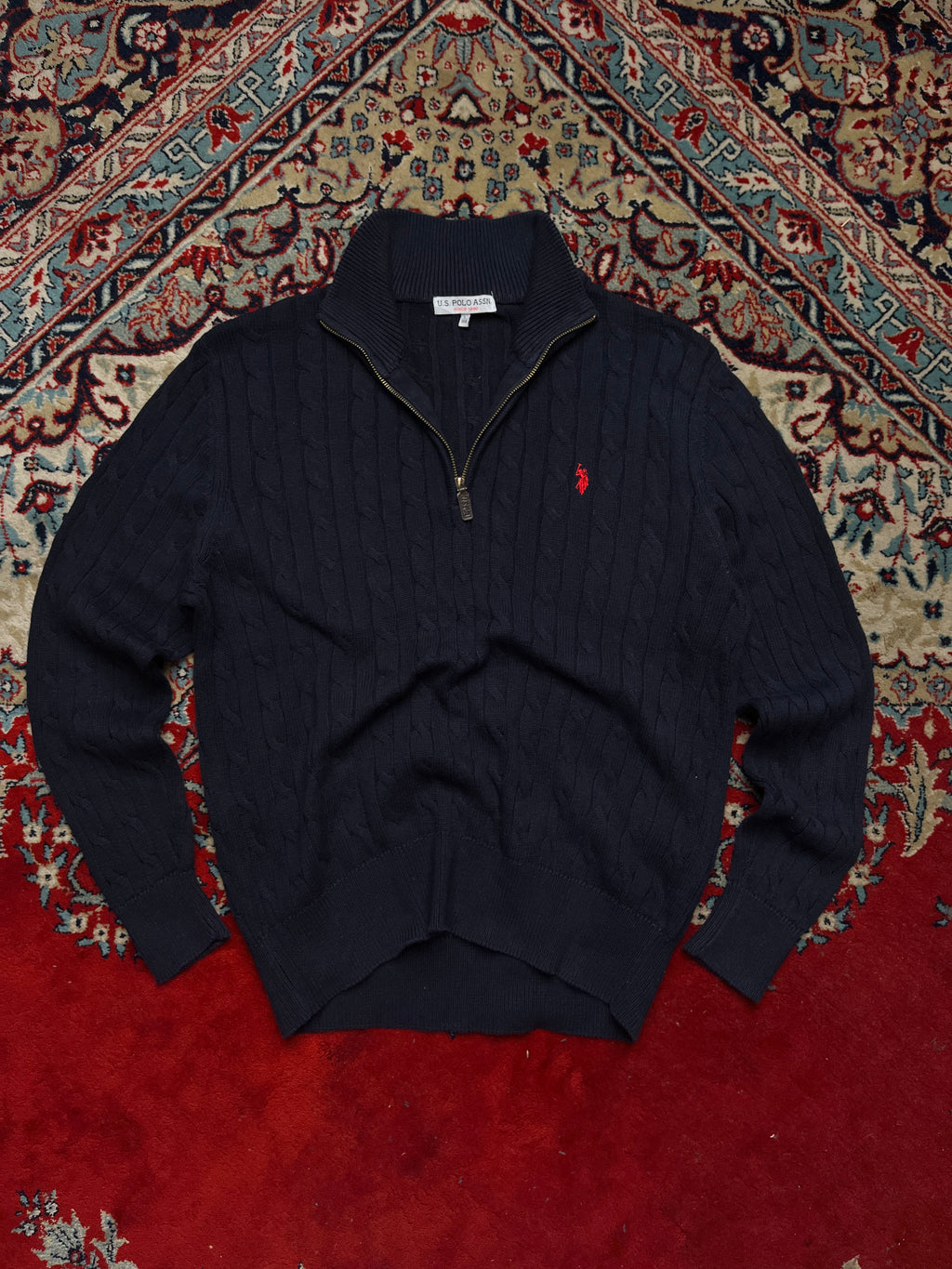 U.S. Polo Assn. Cotton Navy Blue Cable Knit Quarter Zip Sweater - M